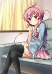  bad_id bad_pixiv_id black_legwear couch crossed_legs curtains eyeball hairband heart highres komeiji_satori purple_eyes purple_hair rasahan short_hair sitting solo thighhighs third_eye touhou 