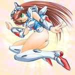  armor ass boots breasts green_eyes gundam long_hair mecha_musume medium_breasts mori_chu open_mouth red_hair smile solo v victory_gundam victory_gundam_hexa 