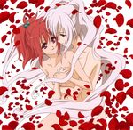  2girls aoi_nagisa breast_hold couple female flower green_eyes hanazono_shizuma highres hug long_hair multiple_girls nude official_art red_hair sakai_kyuuta strawberry_panic strawberry_panic! white_hair yuri 