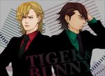  alternate_hairstyle barnaby_brooks_jr blonde_hair brown_eyes brown_hair facial_hair formal green_eyes himmelxxx kaburagi_t_kotetsu male_focus multiple_boys necktie no_eyewear stubble suit tiger_&amp;_bunny 