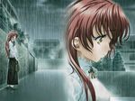  blouse brown_eyes brown_hair long_hair long_skirt purse rain sad shirt skirt tagme tears wet wet_clothes wet_hair 