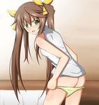  ass bad_id bad_pixiv_id bare_shoulders blush brown_hair fang from_behind green_eyes green_panties hair_ribbon huang_lingyin infinite_stratos long_hair minatsuki_nao panties ribbon solo twintails underwear undressing 