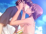  1girl bikini braid brown_hair day game_cg happoubi_jin hetero ichijo_daisuke kiss kuouzumiaiginsusutakeizumonokamimeichoujin_mika resort_boin swimsuit twin_braids 