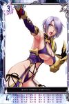  absurdres armor armpits blue_eyes breasts claws gauntlets hair_over_one_eye highres huge_breasts isabella_valentine lipstick makeup nigou open_mouth purple_lipstick queen's_gate revealing_clothes short_hair solo soulcalibur soulcalibur_iv thighhighs underboob white_hair 