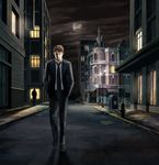  absurdres brown_hair cing city fire_hydrant formal highres kyle_hyde last_window male_focus moon necktie night night_sky official_art postbox_(outgoing_mail) short_hair sky suit 
