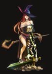  bad_id bad_pixiv_id bare_shoulders breasts cleavage detached_sleeves dragon's_crown dress hat hat_over_one_eye large_breasts legs long_hair red_eyes red_hair side_slit simple_background skeleton sky0211 solo sorceress_(dragon's_crown) staff strapless strapless_dress sword thighs weapon witch_hat 