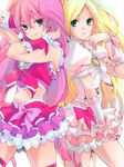  blonde_hair blue_eyes bow choker cure_melody cure_rhythm eyelashes frills green_eyes hidaka_ryou highres houjou_hibiki magical_girl midriff minamino_kanade multiple_girls pink_bow pink_hair precure skirt smile suite_precure white_choker 