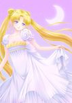  back_bow bare_shoulders bishoujo_senshi_sailor_moon blonde_hair blue_eyes bow breasts cleavage crescent_moon double_bun dress dress_lift earrings facial_mark flower forehead_mark hair_ornament hiyori jewelry light_smile long_hair moon princess_serenity small_breasts solo tsukino_usagi twintails very_long_hair 