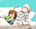  1girl accelerator ahoge albino bad_id bad_pixiv_id blanket blush_stickers choker gekota hug last_order mtmt_mtmt shirt sleeping striped striped_shirt stuffed_toy to_aru_majutsu_no_index white_hair 