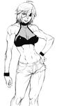 1girl athletic breasts eyepatch female fit hand_on_hip hips monochrome muscle nobusi original short_hair simple_background solo 