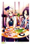  blonde blue_eyes bow brown_eyes camera chair hair_bow hairband hairclip megane pants photo_album picture purple_hair shirt short_hair sitting table tea teacup white_hair 