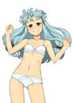  aqua_hair arms_up ass_visible_through_thighs bad_id bad_pixiv_id blue_hair bow bow_panties bra breasts collarbone cowboy_shot fingers floating_hair grin hair_bobbles hair_ornament hamada_yoshikazu hands highres kiriha_(tsugumomo) light_blue_hair lingerie long_hair navel official_art palms panties pointy_ears red_eyes shiny shiny_skin simple_background small_breasts smile solo stomach tsugumomo underwear underwear_only white_background 