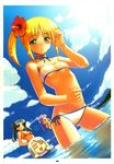  artoria_pendragon_(all) bikini blush breasts day dutch_angle fate/stay_night fate_(series) flat_chest flower hair_flower hair_ornament hibiscus highres illyasviel_von_einzbern matou_sakura multiple_girls namonashi neck_ribbon ocean ribbon rubbish_selecting_squad saber scan side-tie_bikini side_ponytail small_breasts strapless string_bikini swimsuit toosaka_rin tubetop underboob wading water wet 