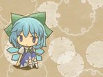  akihiyo bloomers blue_eyes blue_hair bow chibi cirno dress hair_bow highres ice sitting solo touhou underwear wings 