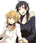  black_hair blonde_hair durarara!! earrings genderswap genderswap_(mtf) hood hoodie jacket jewelry kida_masaomi long_hair multiple_girls mutsuki_ayumi orihara_izaya red_eyes ring yellow_eyes 