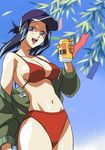  baseball_cap beer bikini blue_eyes blue_hair can character_request cirima erect_nipples hat jacket leaf long_hair mizugi navel off_shoulder ojamajo_doremi outdoors sideboob sky smile solo tanabata wind zipper 