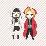  2boys :d ^_^ ahoge androgynous angry artist_request belt black_hair blonde_hair boots cat_hood chibi coat edward_elric envy_(fma) eyes_closed fangs fullmetal_alchemist happy headband hiroshi_(kitaro) homunculus hood jacket long_hair midriff multiple_boys open_mouth pants short_hair shorts skin_tight skirt skort sleeveless smile striped striped_background toeless_socks yellow_eyes 