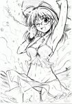  akizuki_ritsuko antenna_hair camisole glasses greyscale hat idolmaster idolmaster_(classic) idolmaster_1 monochrome one_eye_closed sankaku_umako solo water wet 