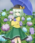  bow eyeball flower green_eyes green_hair hat highres hydrangea komeiji_koishi nuka_kohi rain skirt smile solo string third_eye touhou umbrella 