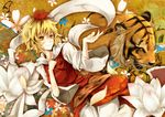  animal_print bad_id bad_pixiv_id blonde_hair cherry_blossoms flower kanata_(kiduka) lotus shawl slit_pupils solo tiger tiger_print toramaru_shou touhou yellow_eyes 