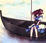  bad_id bad_pixiv_id barefoot boat expressionless hair_bobbles hair_ornament light_particles mikazuki_sara obi onozuka_komachi red_hair sash short_hair sitting soaking_feet solo touhou water watercraft yellow_eyes 