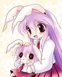  :3 :d animal_ears blush bunny_ears chibi dress_shirt dual_persona hand_on_another's_head hands_on_own_cheeks hands_on_own_face long_hair multiple_girls open_mouth petting purple_hair red_eyes reisen_udongein_inaba shirt sitting sitting_on_lap sitting_on_person skirt smile touhou yume_shokunin 