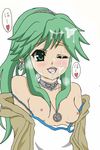  blush bow breasts coat cum cum_in_mouth cum_on_hair duel_monster facial green_eyes green_hair jewelry necklace nipples open_mouth tank_top wynn wynnda,_miko_of_the_gusta wynnda_miko_of_the_gusta yu-gi-oh! 