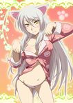  :3 animal_ears bakemonogatari black_hanekawa breasts cat_ears cleavage fang hanekawa_tsubasa hayashi_custom highres long_hair medium_breasts monogatari_(series) navel nekomonogatari no_bra no_pants pajamas panties paw_pose solo spoilers underwear white_hair yellow_eyes 