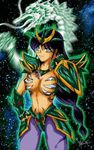  armor breast_grab brown_hair dragon_shiryu dragon_tattoo genderswap green_eyes hair_braid hand_on_hip long_hair saint_seiya stars 