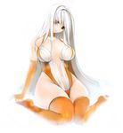  breasts center_opening cleavage copyright_request elbow_gloves gloves head_tilt large_breasts long_hair navel orange_eyes orange_legwear pupps sitting solo thighhighs wariza white_hair yellow_eyes 