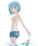  :d back bikini_top bikini_top_removed blue_eyes blue_hair blush covering covering_breasts hangaku highres mahou_shoujo_madoka_magica miki_sayaka open_mouth short_hair smile solo swimsuit topless wading 