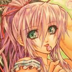  al_azif candy demonbane food fullblossoms green_eyes hair_ribbon lollipop lowres ponytail purple_hair ribbon solo 