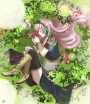  black_legwear boots closed_eyes flower from_above headphones kazuyo long_hair lying megurine_luka petals pink_hair red_flower red_rose rose skirt solo thighhighs vocaloid 