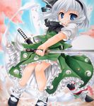  acrylic_paint_(medium) blue_eyes bow flower hair_bow hitodama jpeg_artifacts katana konpaku_youmu konpaku_youmu_(ghost) millipen_(medium) pastel_(medium) scabbard sheath shikishi short_hair silver_hair solo sword touhou traditional_media weapon yukitsuki_kokoro 