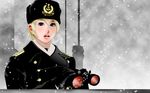  binoculars blonde blue_eyes coat cute fur military open_mouth snow tagme uniform 