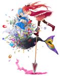  bad_id bad_pixiv_id blue_eyes blue_hair blush boots cape hair_ribbon highres holding_hands hug inai_inai lance magical_girl mahou_shoujo_madoka_magica miki_sayaka multiple_girls oktavia_von_seckendorff polearm red_eyes red_hair ribbon sakura_kyouko spoilers thighhighs weapon 