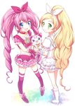  :d blonde_hair blue_eyes blush boots bow choker cure_melody cure_rhythm dress earrings green_eyes hair_bow hairband heart highres houjou_hibiki hummy_(suite_precure) jewelry knee_boots long_hair magical_girl minamino_kanade multiple_girls open_mouth pink_bow pink_choker pink_hair ponytail precure simple_background skirt smile standing suite_precure thighhighs twintails usashiro_mani very_long_hair white_choker wrist_cuffs zettai_ryouiki 