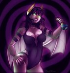  anthro bat breasts claws clothed clothing ear_piercing female glowing glowing_eyes green_eyes looking_at_viewer magic_user mammal piercing pinup pose potion purple_eyes rafflone skimpy solo wings witch 
