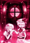  bat_wings braid closed_eyes full_moon greave_(asterism) hand_kiss hat highres izayoi_sakuya kiss moon multiple_girls pink profile red_moon remilia_scarlet short_hair touhou twin_braids wings 