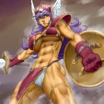  abs armor bikini_armor blue_eyes breasts cleavage dragon_quest dragon_quest_iii dynamite-kit gloves large_breasts legs long_hair muscle purple_hair soldier_(dq3) solo sword thighs veins weapon 