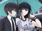  1boy 1girl black_hair breasts formal game_cg kawagishi_keitarou kawakami_momoyo long_hair lowres maji_de_watashi_ni_koi_shinasai! naoe_yamato necktie outdoors rain short_hair smile suit tie umbrella wagi 