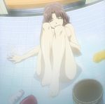  1girl barefoot bathroom breasts brown_hair cap chiffon_fairchild closed eyes eyes_closed feet freezing freezing_(series) highres laughing on_the_ground screencap solo 
