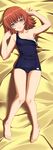  a1 absurdres armpits barefoot bed_sheet blue_eyes dakimakura feet full_body highres kaleido_star knees_together_feet_apart looking_at_viewer lying on_back one-piece_swimsuit orange_hair parted_lips rosetta_passel school_swimsuit solo strap_slip swimsuit toes 
