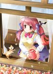  apron brown_eyes butterfly cat flower flowers hiyori pink_hair ribbon twin_tails watering_can window window_sill 