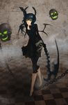  bad_id bad_pixiv_id black_dress black_hair black_rock_shooter chain checkered checkered_floor dead_master dress green_eyes highres holding holding_scythe horns mins_(minevi) scythe skull smile solo wings 