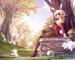  animal_ears blonde_hair blood_elf bunny bunny_ears bunny_girl bunny_tail bunnysuit detached_sleeves forest green_eyes high_heels legs nature pantyhose pointy_ears ponytail shoes sitting solo tail tree warcraft windforcelan 