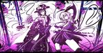  fan fingerless_gloves folding_fan gloves konpaku_youmu monochrome multiple_girls outstretched_arm pose purple saigyouji_yuyuko shiba_yuuki short_hair touhou 