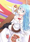  antenna_hair arm_support black_legwear blue_eyes blue_hair bow breasts cleavage denpa_onna_to_seishun_otoko drink eating food from_above glasses holding_pizza kaerunoashi long_hair looking_up medium_breasts off_shoulder pizza pleated_skirt school_uniform sitting skirt solo thighhighs tongue touwa_erio very_long_hair zettai_ryouiki 