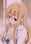  artist_name blonde_hair blue_eyes blush breasts cleavage eyebrows face k-on! kotobuki_tsumugi long_hair medium_breasts open_clothes open_shirt ribbon school_uniform shirt shy signature smile solo sweat thick_eyebrows upper_body yamasaki_wataru 