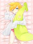  1boy banana blonde_hair blush food fruit green_eyes kagamine_len lying male male_focus no_pants on_back panties ponytail saliva shirt short_hair sleeves_past_wrist sleeves_past_wrists solo underwear vocaloid wink 